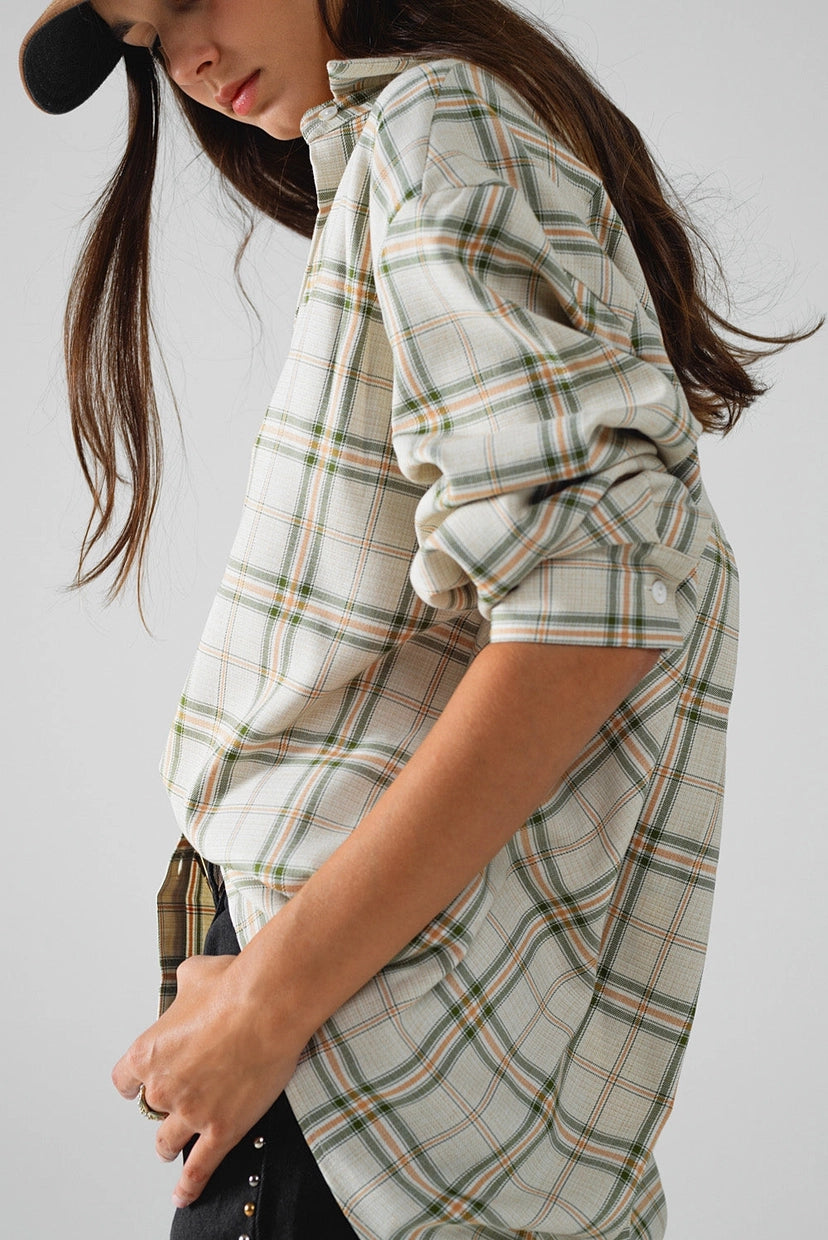 Checked Shirt with Back Opening in Beige