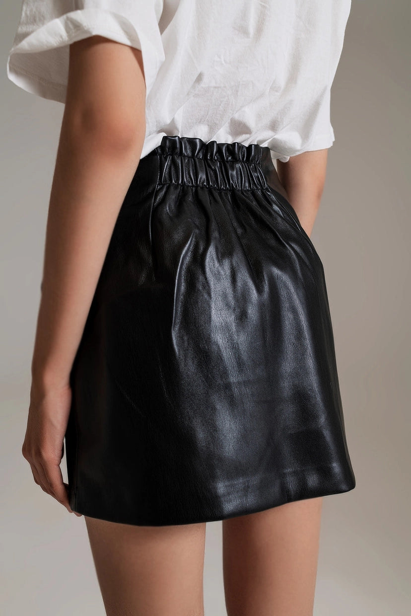 Black Faux Leather Mini Skirt with Bow On the Side