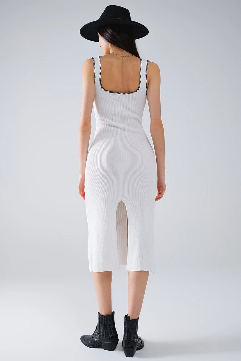 Body Hugging Knitted Dress in White with Black Trim