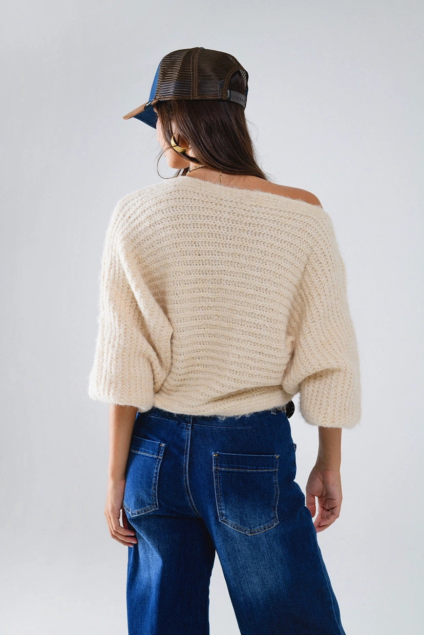 Boat Neck Chunky Rib Sweater in Cream