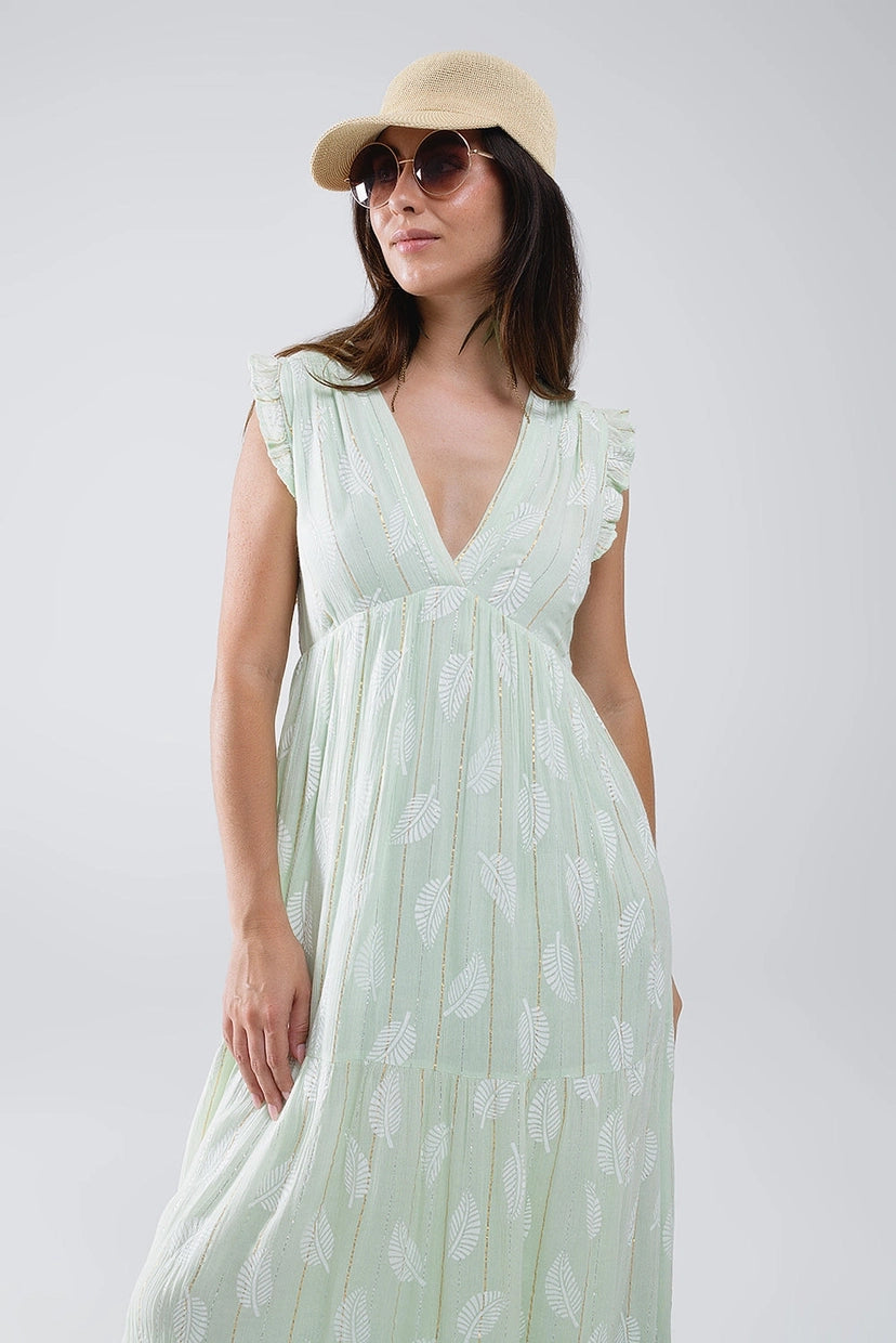 Babydoll Maxi Dress with Leaf Print and Lurex in Mint