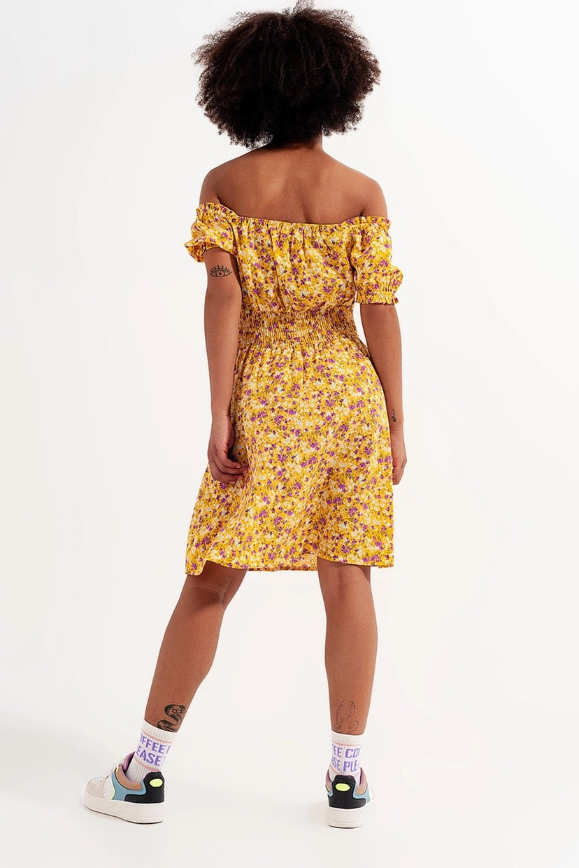 Shirred Detail in Yellow Ditsy Floral Print Mini Dress