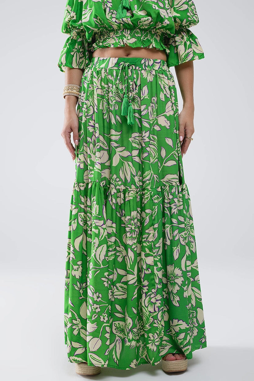 Tiered Maxi Skirt in Green Floral Print