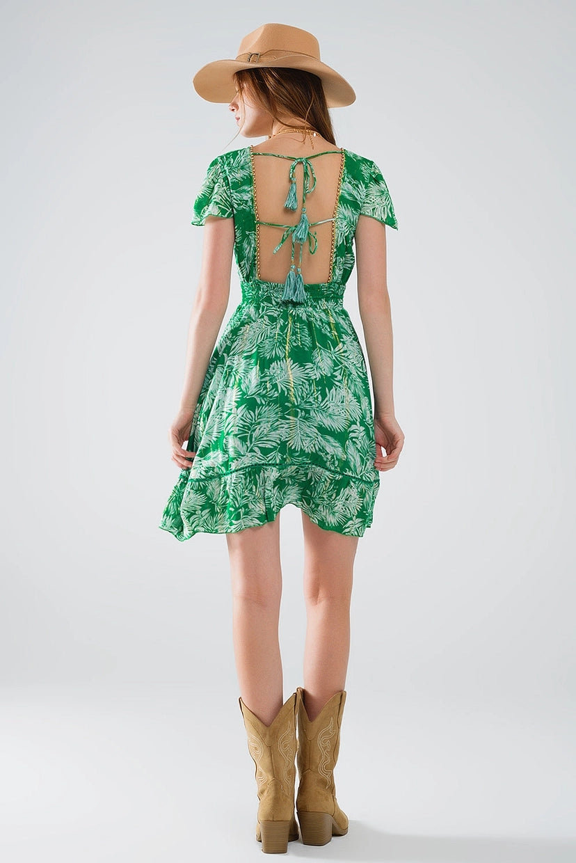 Green Boho Flower Print Dress with Open Back