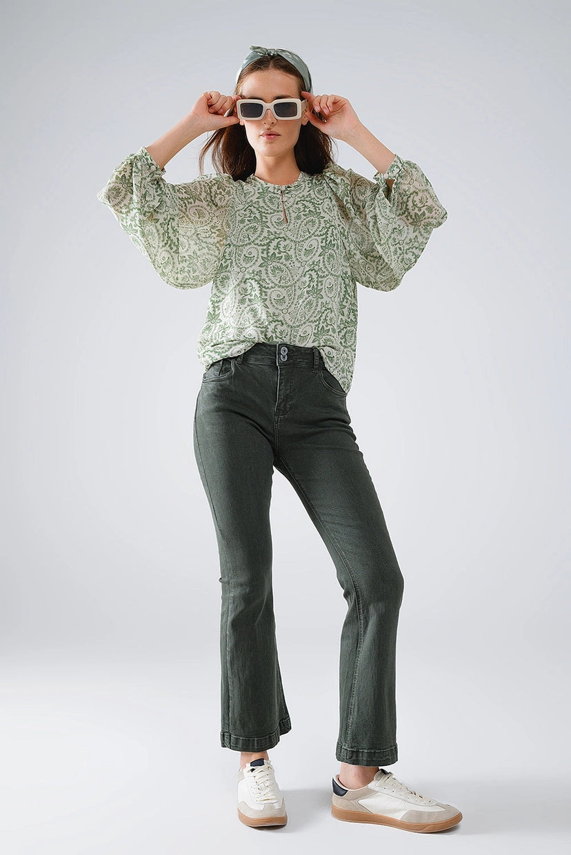 Green Floral Print Chiffon Blouse