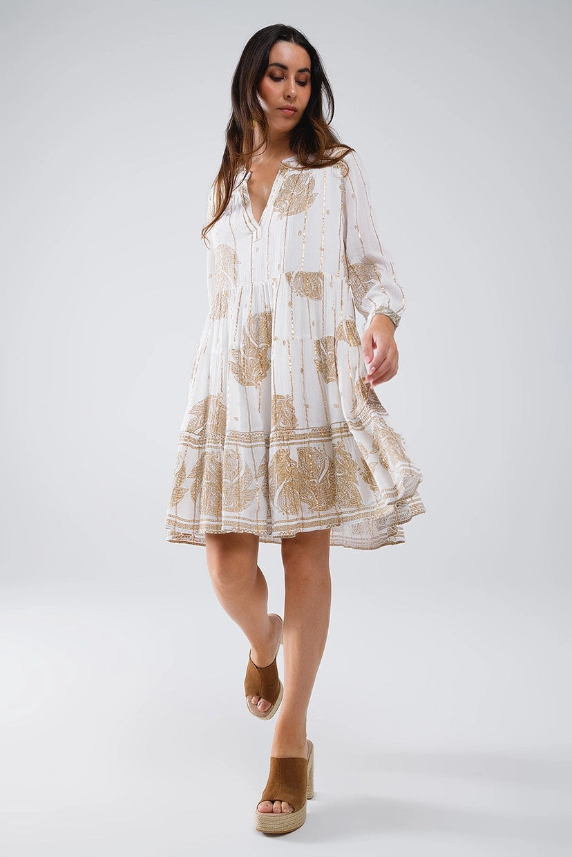 Leaf Print Long Sleeve Boho Dress