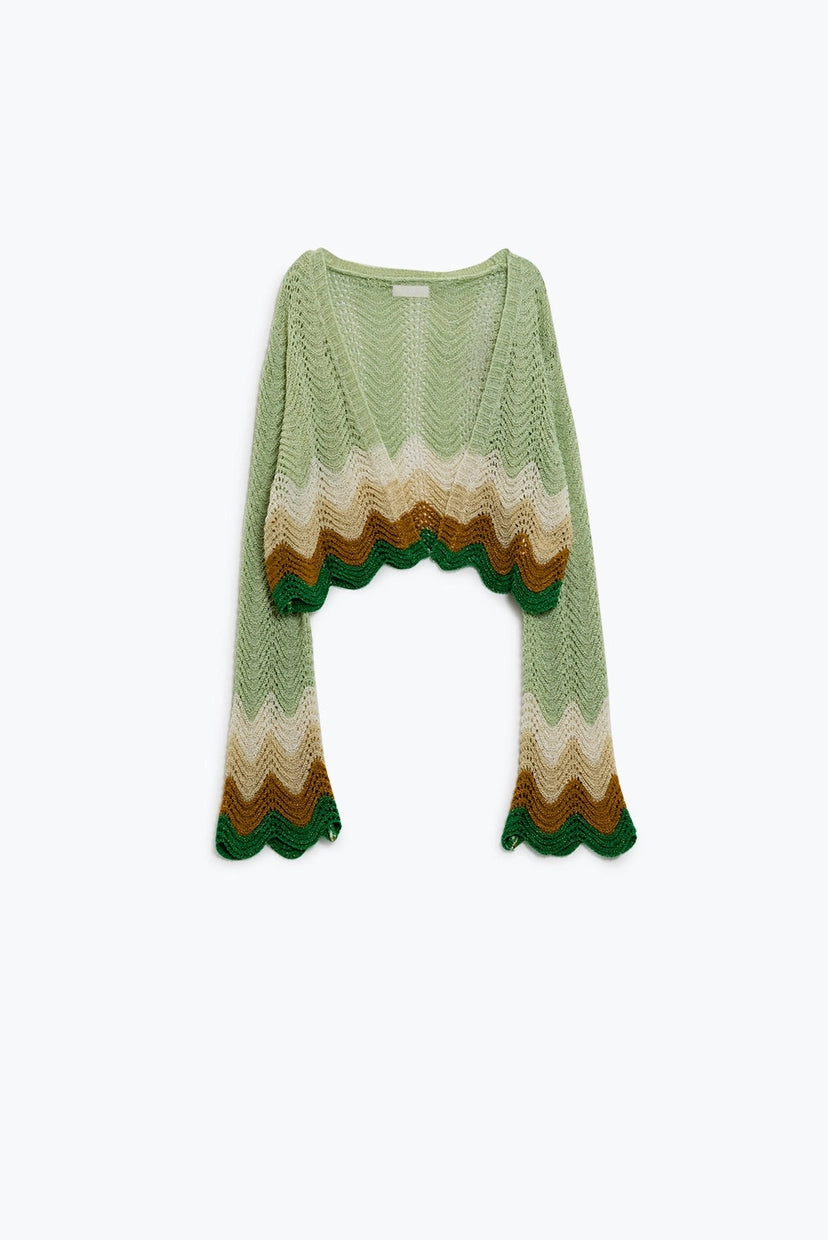 Short Knitted Cardigan with Angel Sleeves and Wave Multicolor Detail in Green