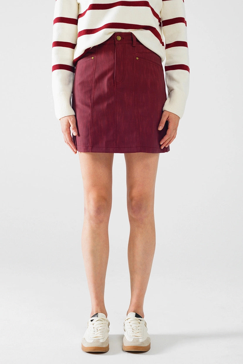 Straight Mini Skirt in Burgundy with Pockets