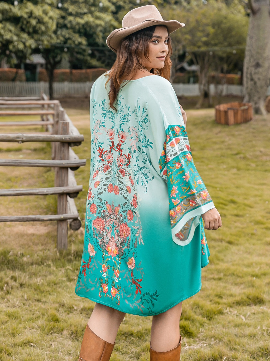 Plus Size Printed Open Front Long Sleeve Cover Up