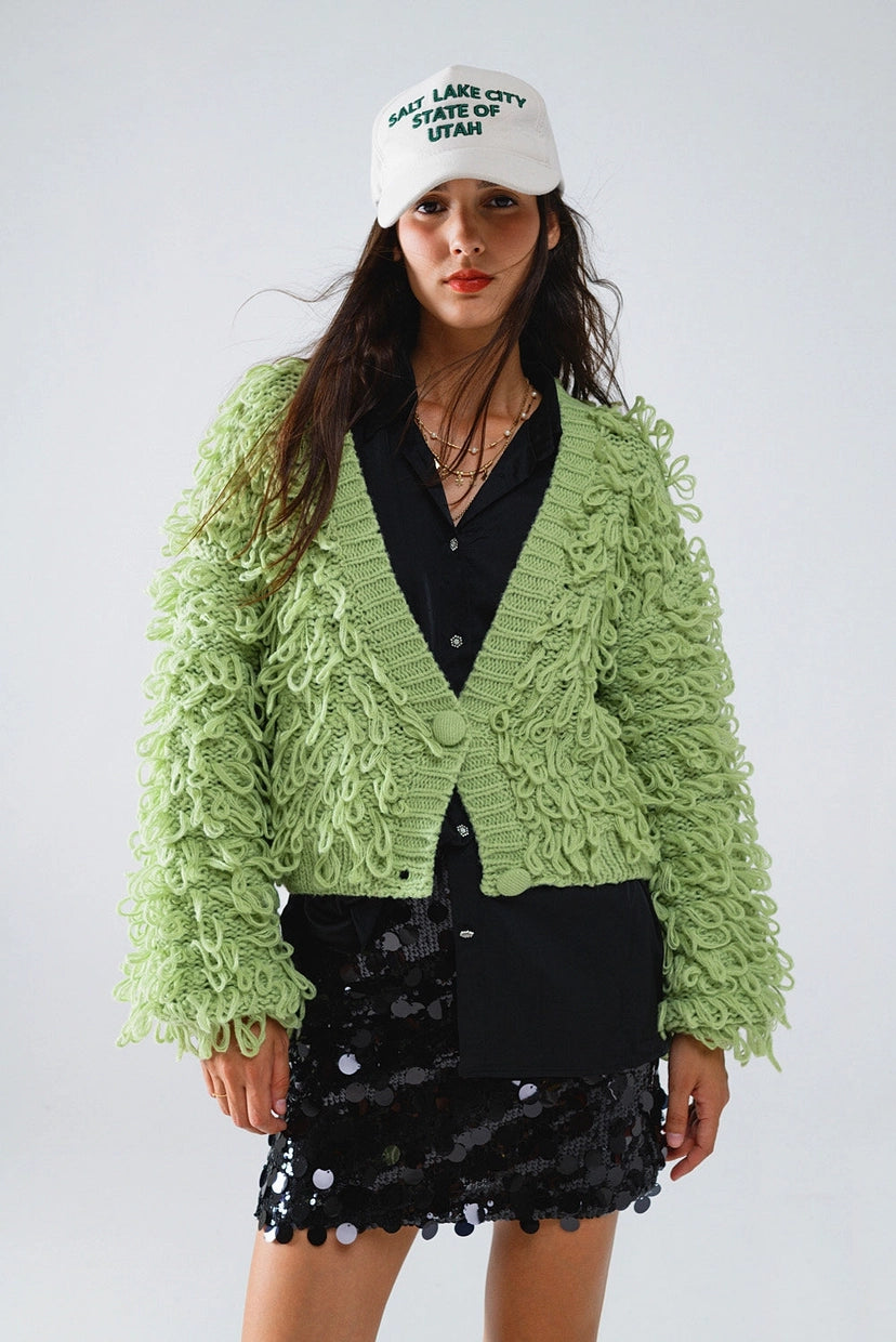 Chunky Textured Cardigan in Green with Long Fringe