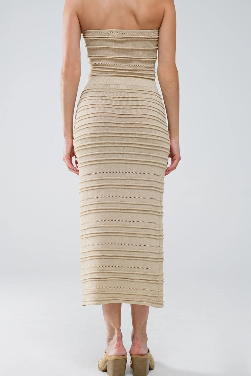 Knitted Midi Pencil Skirt in Beige