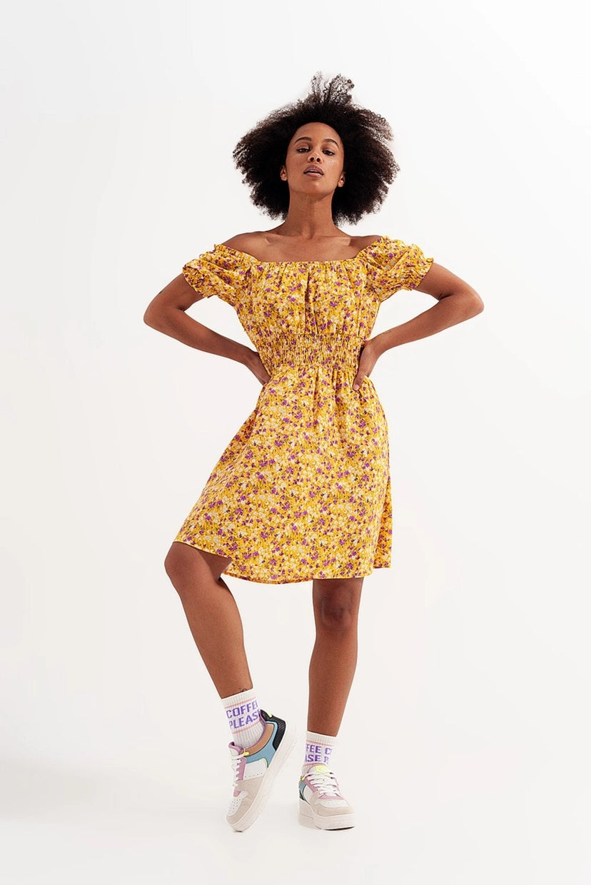 Shirred Detail in Yellow Ditsy Floral Print Mini Dress