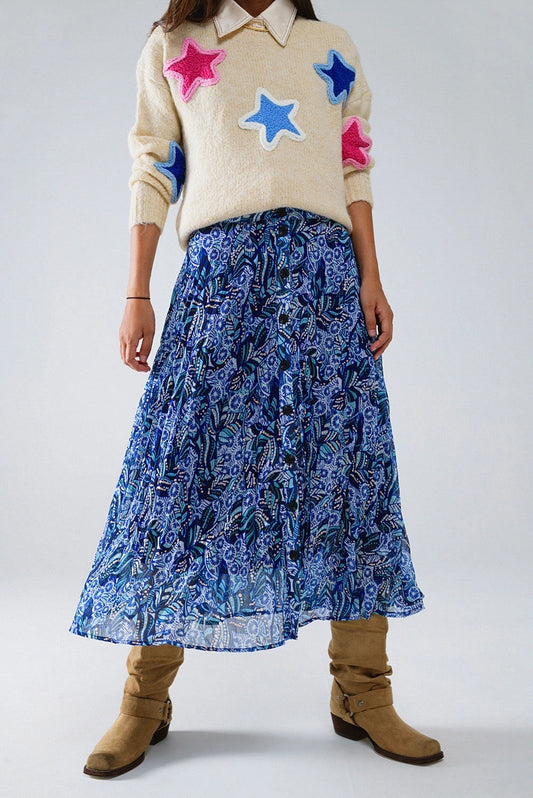 Blue Abstract Print Mini Pleated Skirt with Button Placket