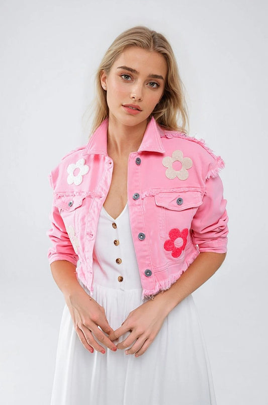 Cropped Jacket with Chest Pockets and Flower Details in Pink