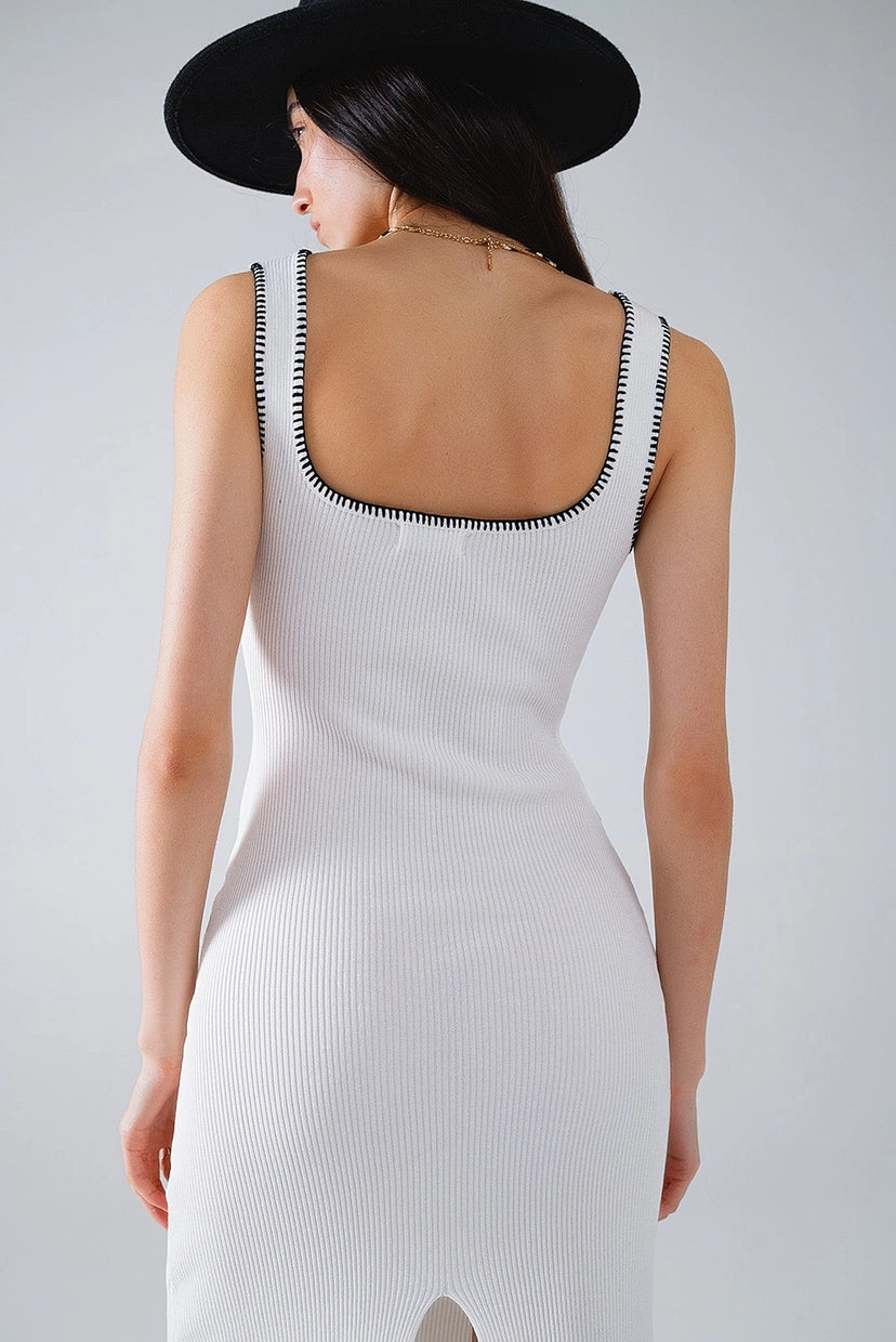 Body Hugging Knitted Dress in White with Black Trim