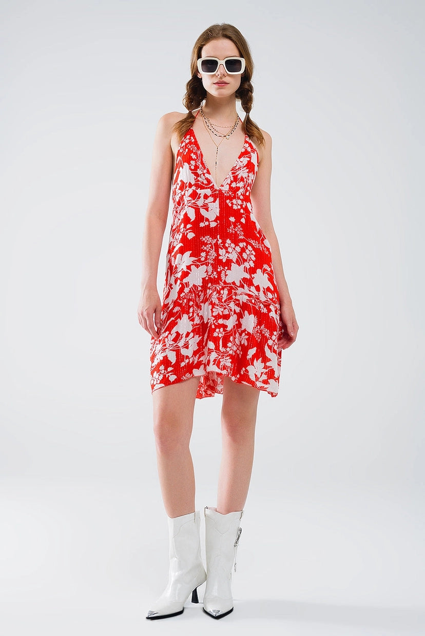 Red Mini Boho Flower Print Dress with Lurex Detail