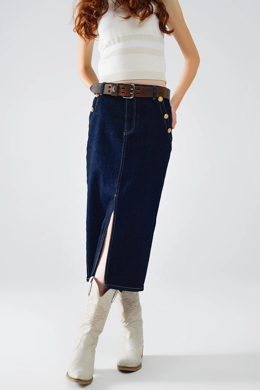 Denim Skirt with Front Slit and Gold Buttons On Sides