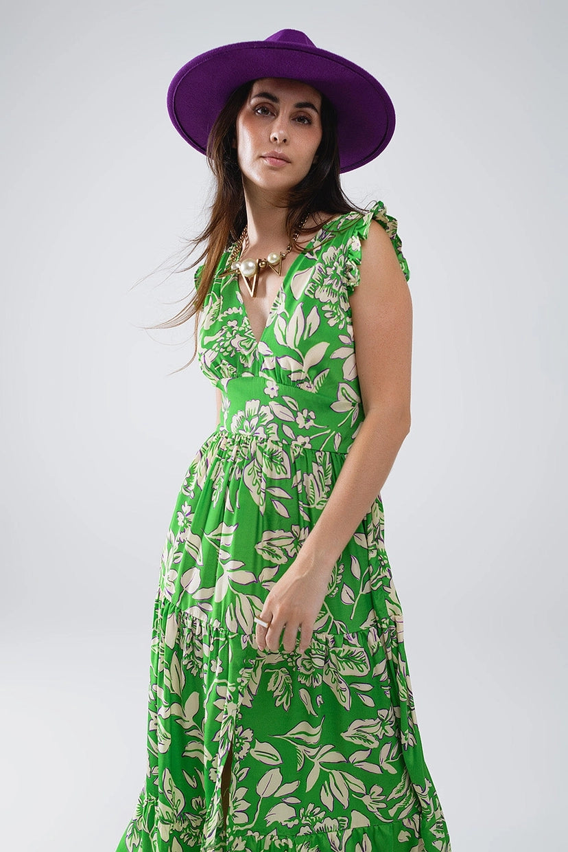 Cinched Waist Floral Print Maxi Dress in Green