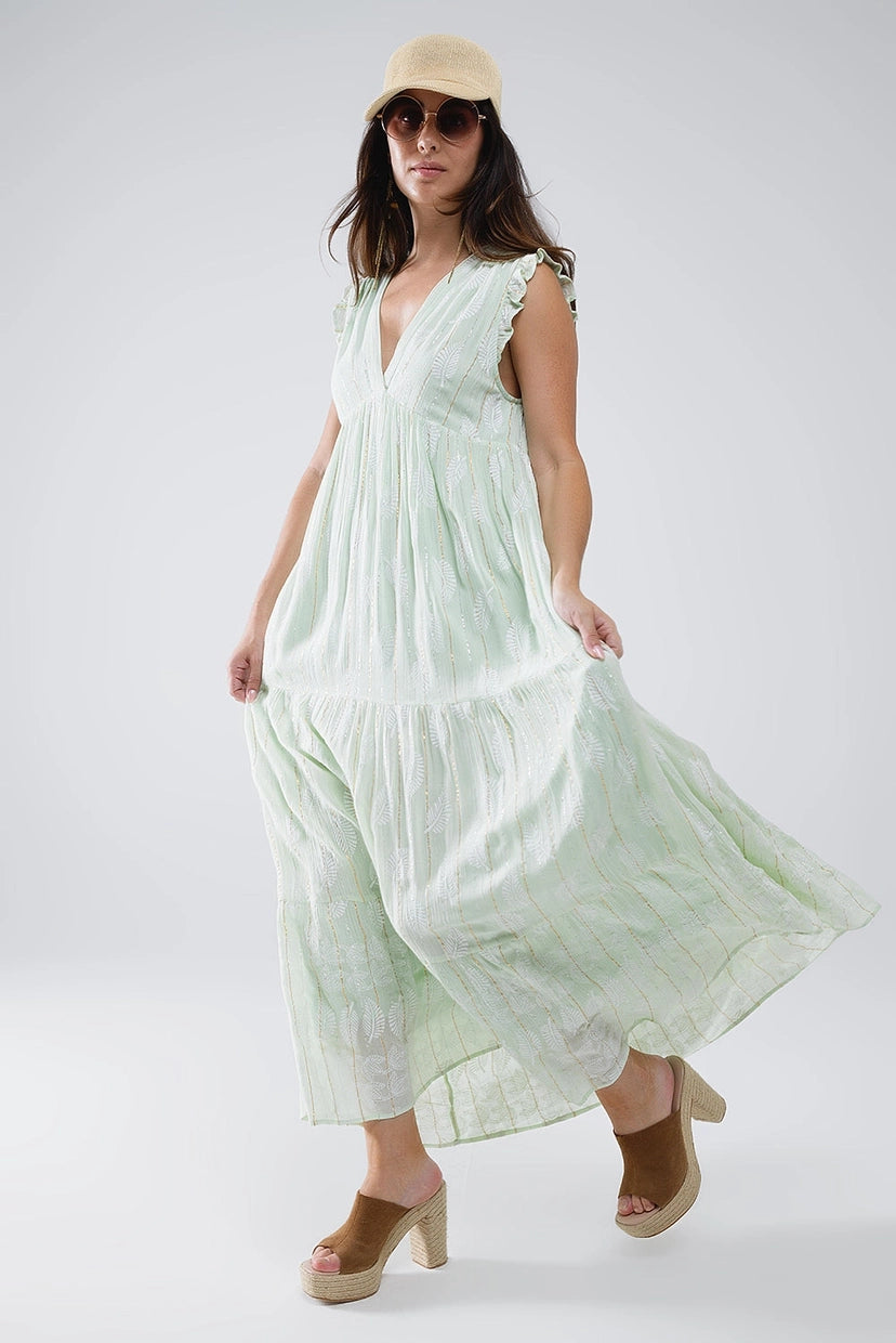 Babydoll Maxi Dress with Leaf Print and Lurex in Mint