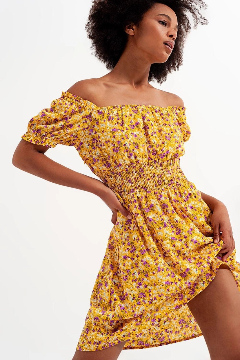 Shirred Detail in Yellow Ditsy Floral Print Mini Dress