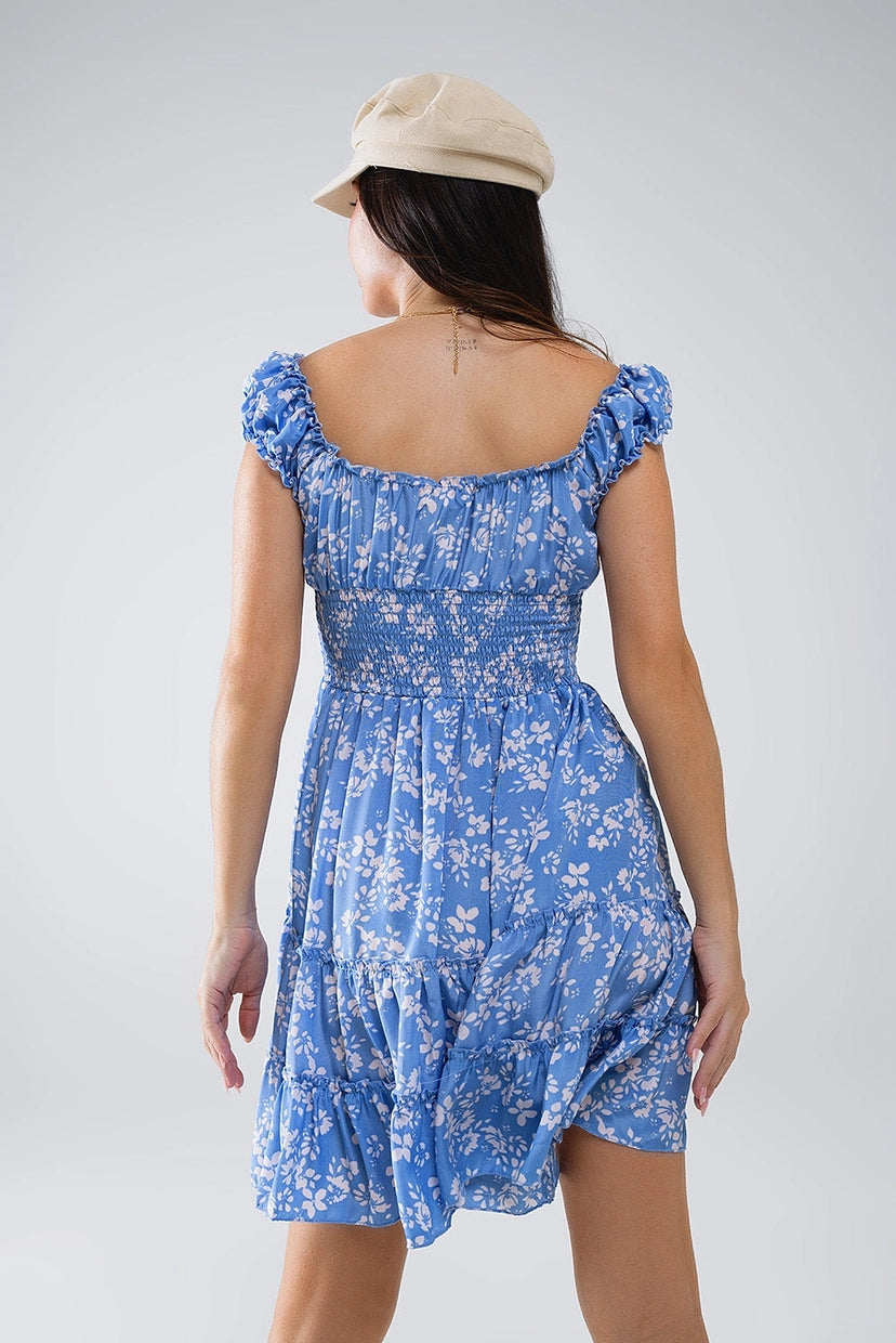 Blue Short Dress with White Floral Print