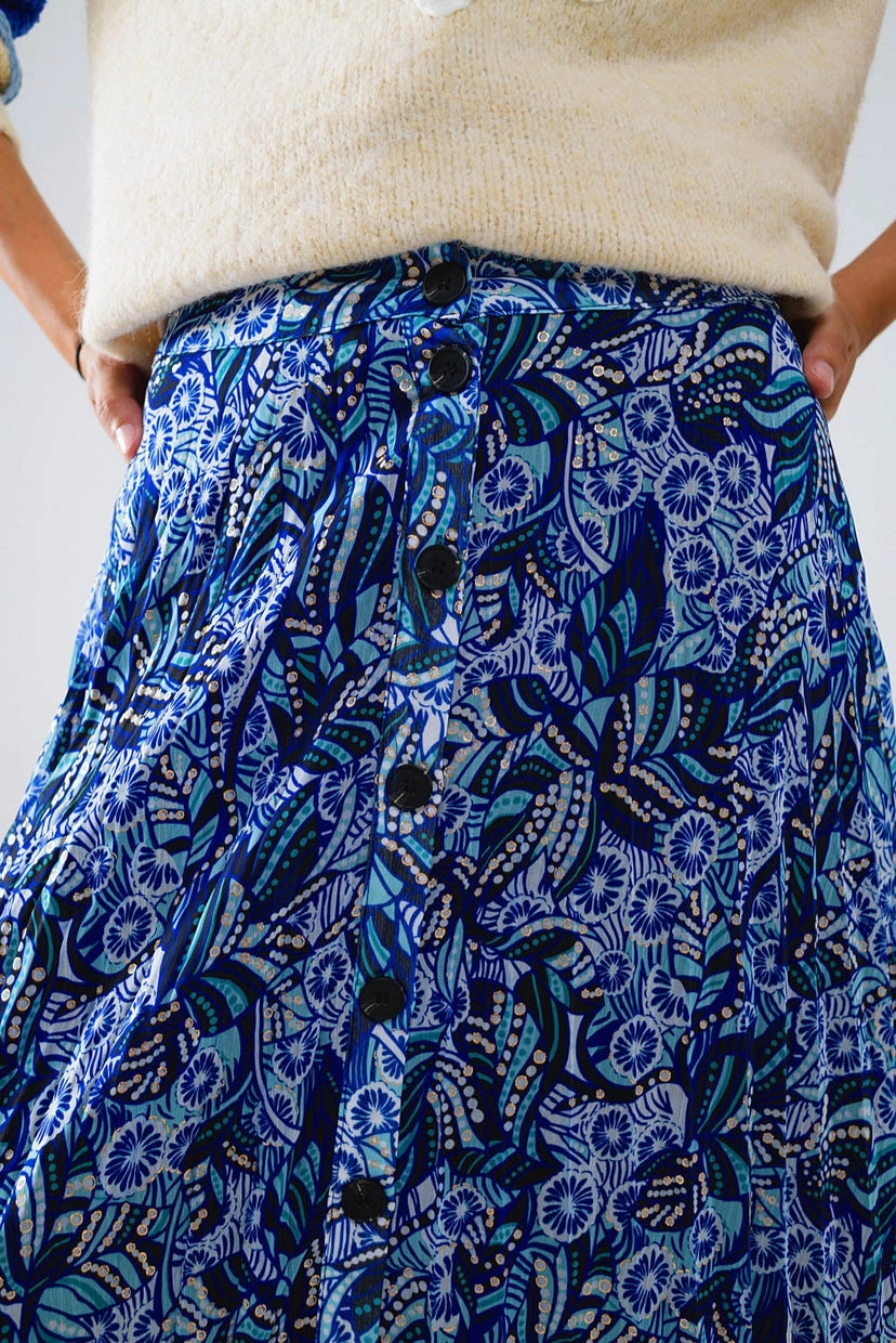 Blue Abstract Print Mini Pleated Skirt with Button Placket