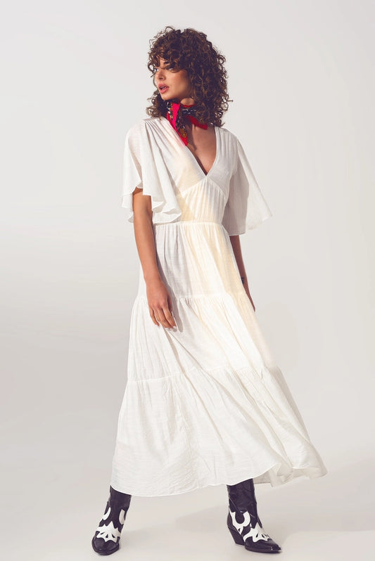 Smock V Neck Maxi Dress in White