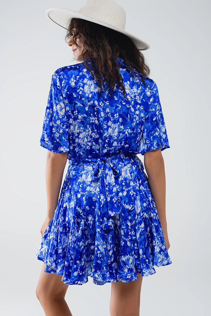 Flowy Blue Abstract Angel Sleeve Shirt Mini Dress