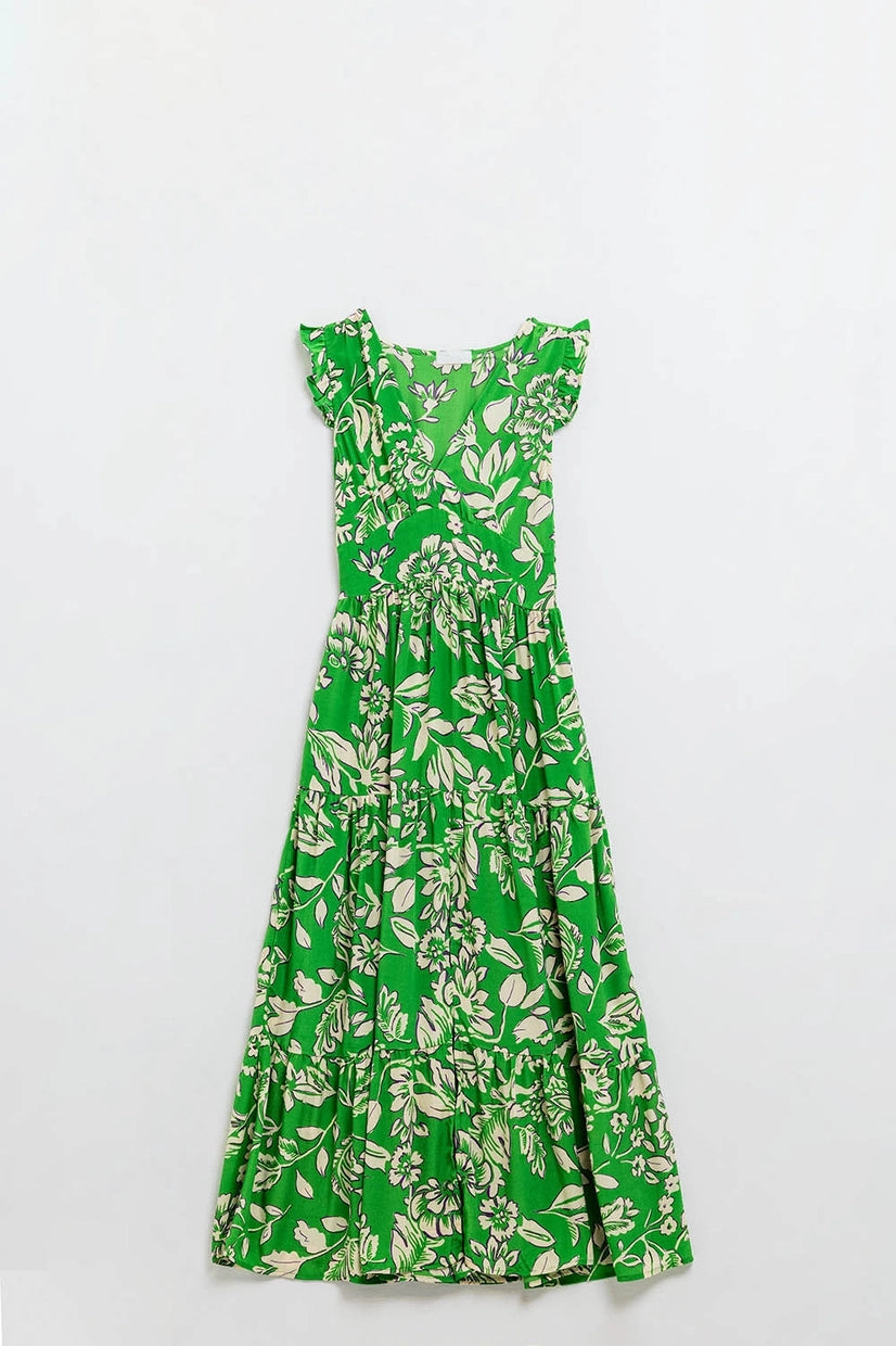 Cinched Waist Floral Print Maxi Dress in Green