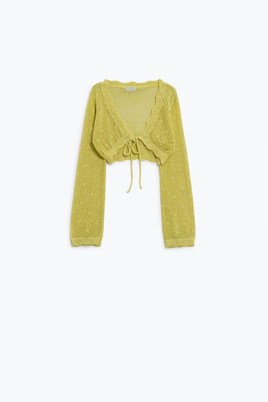 Yellow Short Crochet Cardigan with Lurex Detail