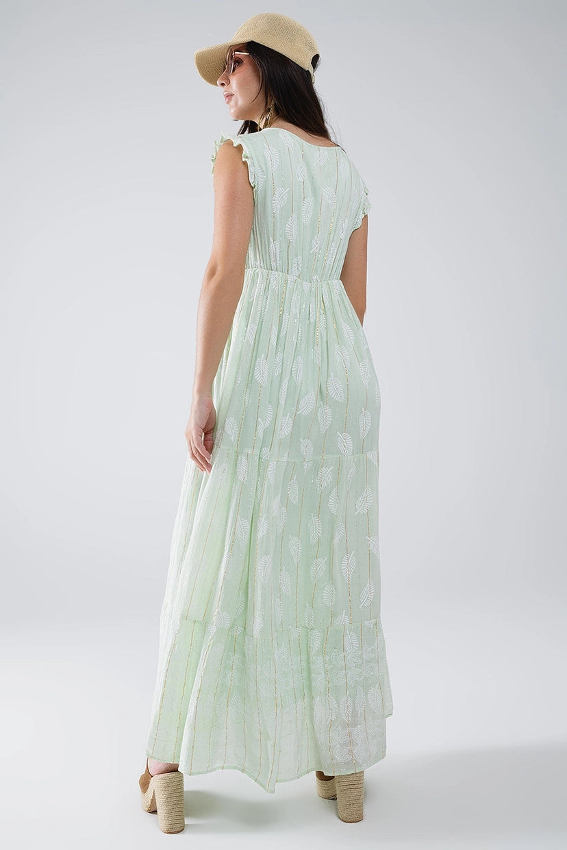 Babydoll Maxi Dress with Leaf Print and Lurex in Mint