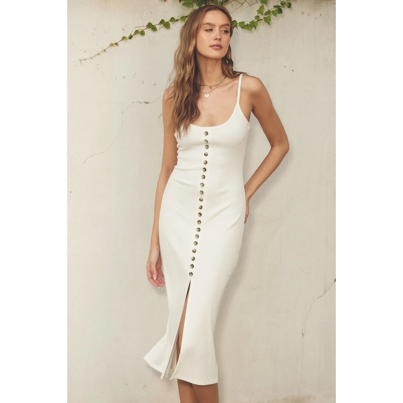 Ava Simple Button Detail Ribbed Midi Dress