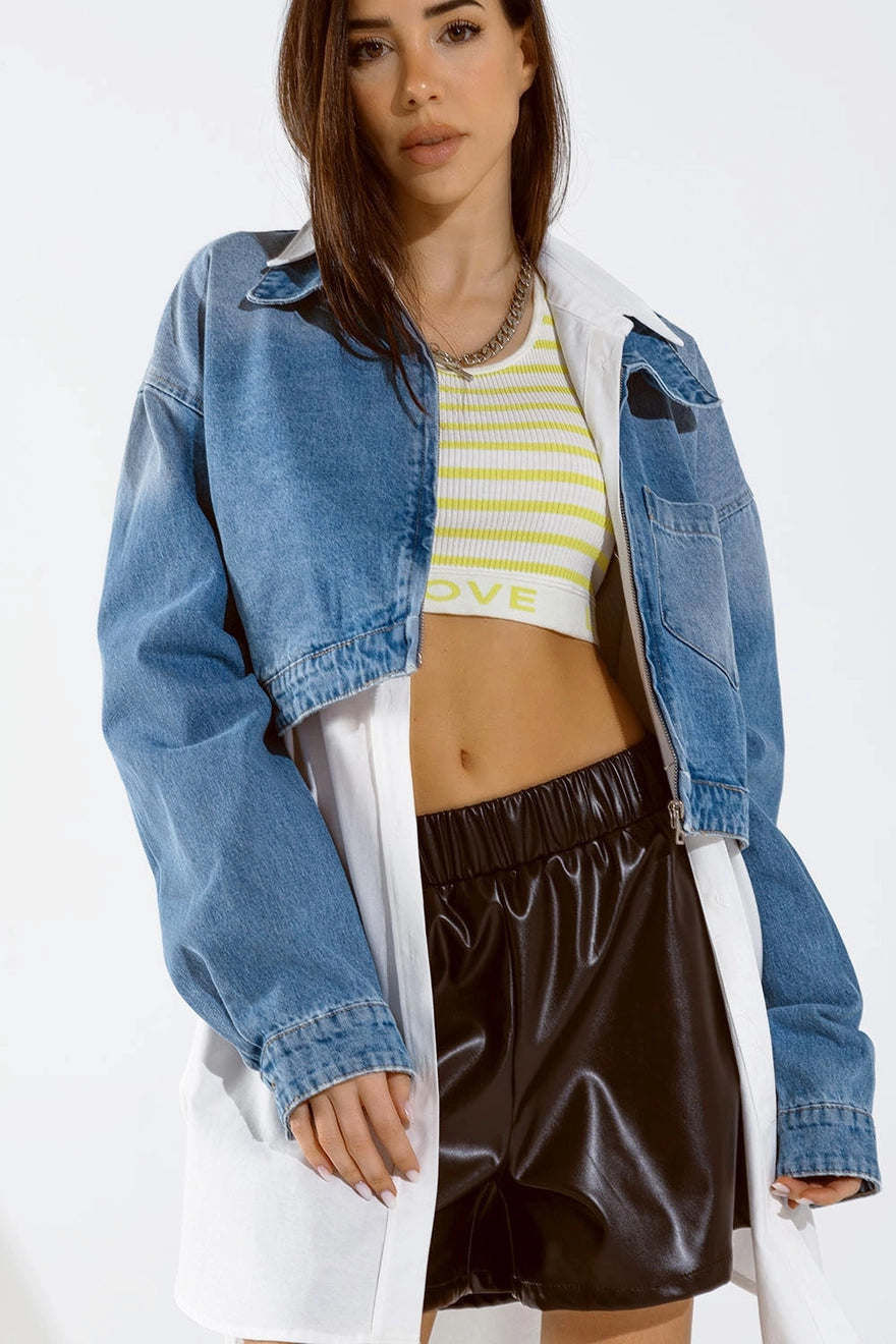 Cropped Denim Jacket with Zipper Closure and Hand Painted Print