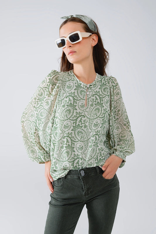 Green Floral Print Chiffon Blouse