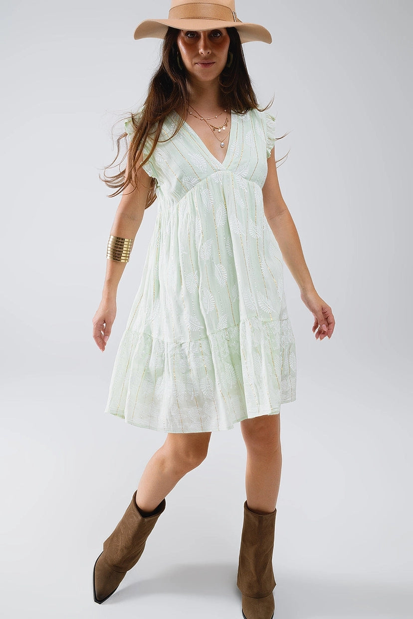 Babydoll Mini Dress with Leaf Print and Lurex Thread in Mint