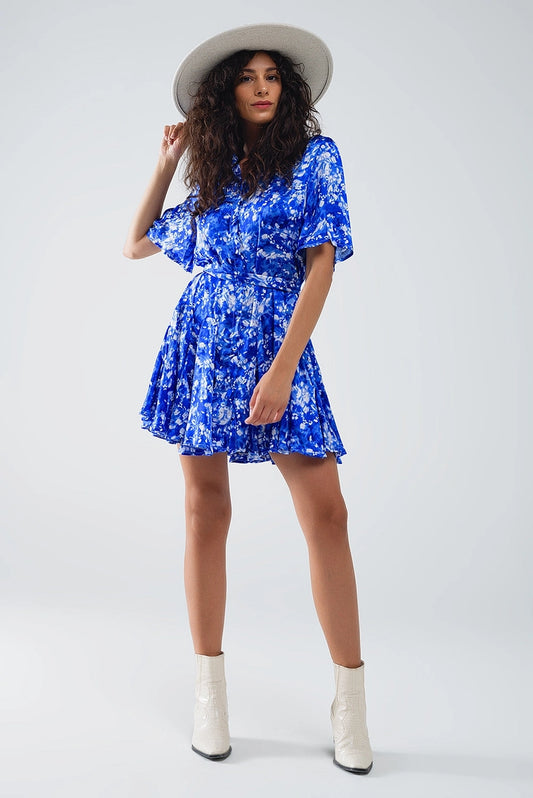 Flowy Blue Abstract Angel Sleeve Shirt Mini Dress