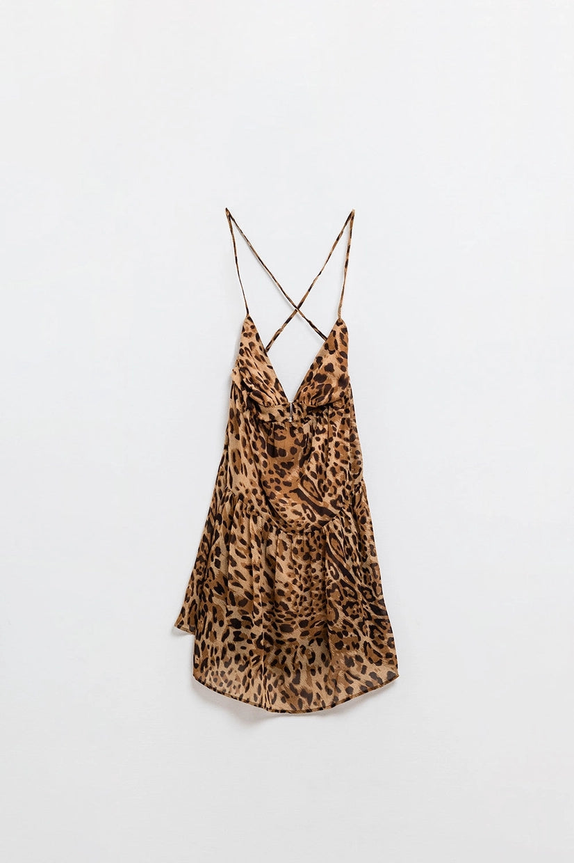 Halter Open Back Babydoll Chiffon Dress in Leopard Print