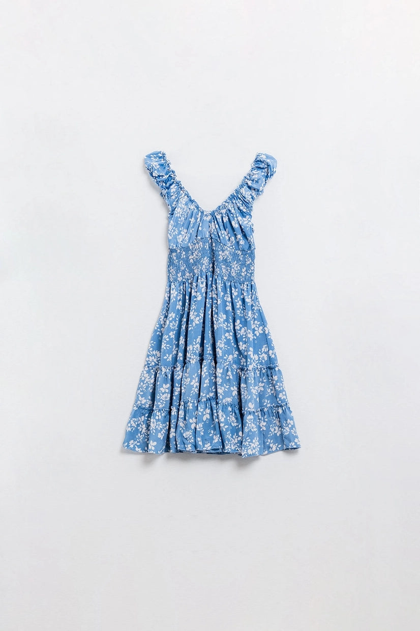 Blue Short Dress with White Floral Print