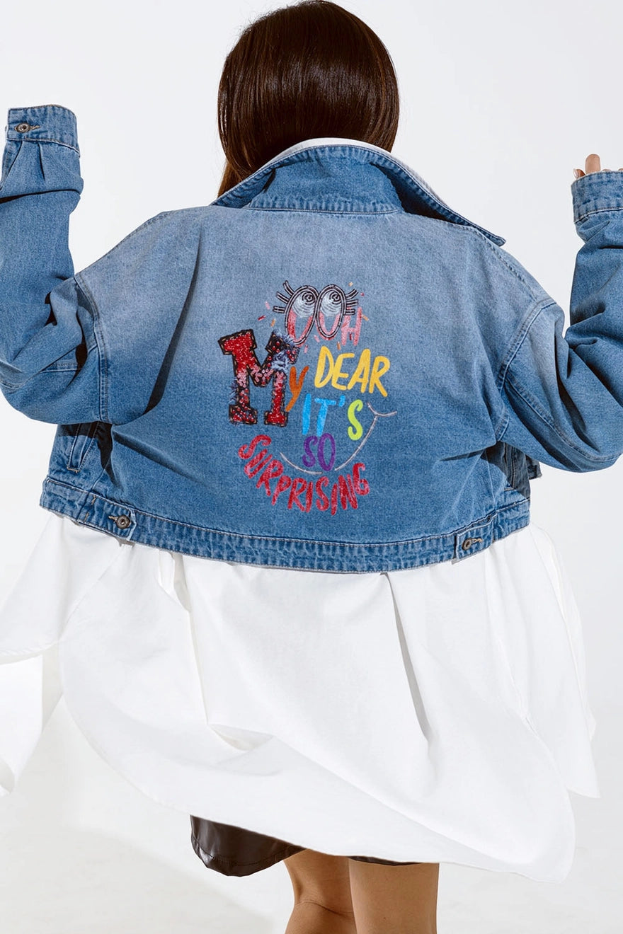 Cropped Denim Jacket with Zipper Closure and Hand Painted Print