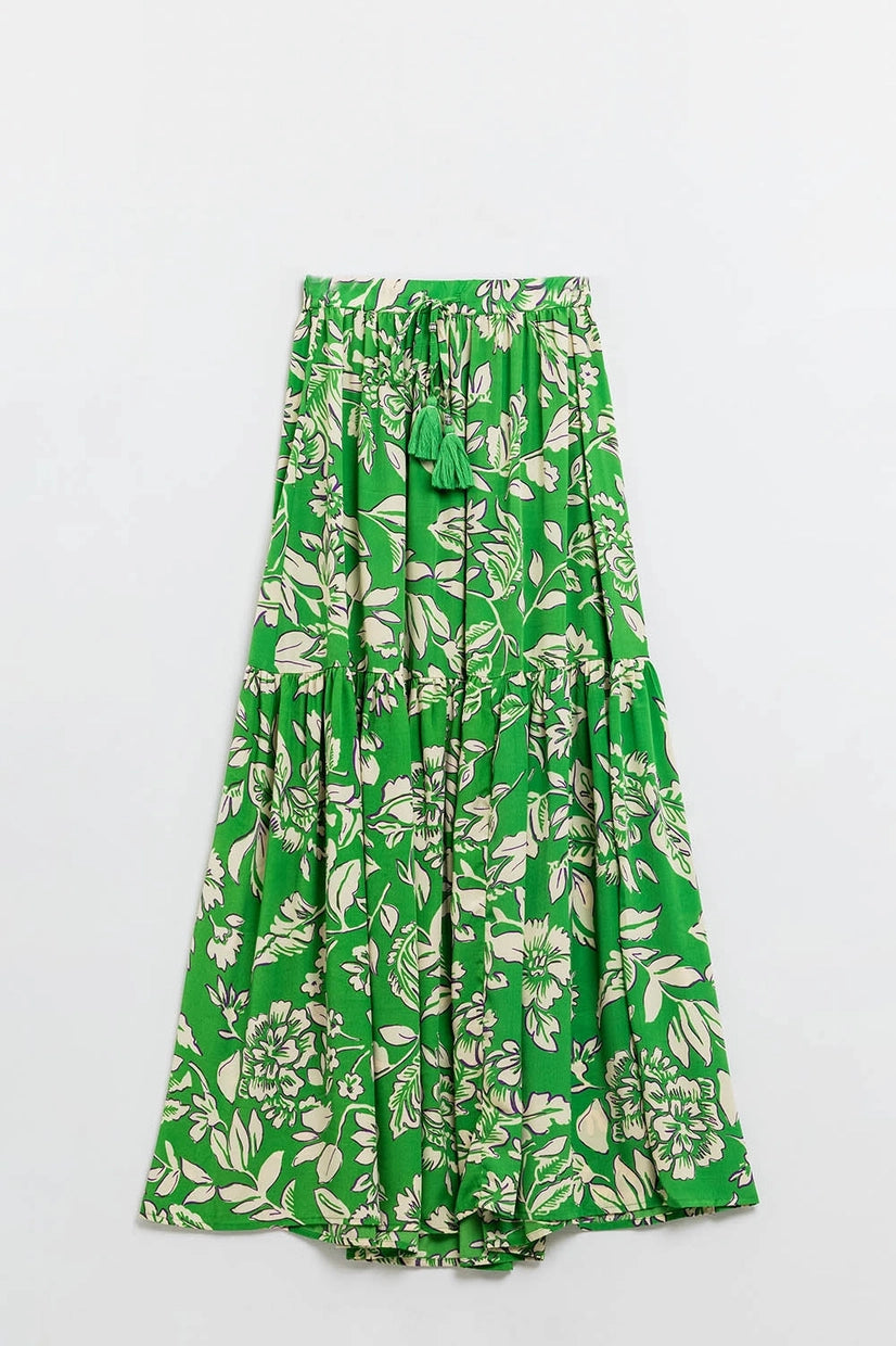 Tiered Maxi Skirt in Green Floral Print