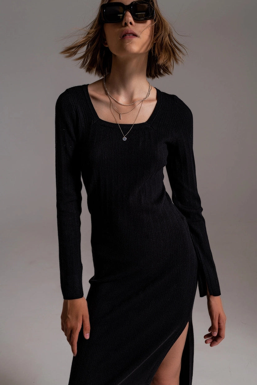 Knit Midi Dress with Square Neckline in Black