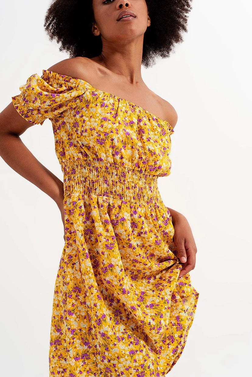 Shirred Detail in Yellow Ditsy Floral Print Mini Dress