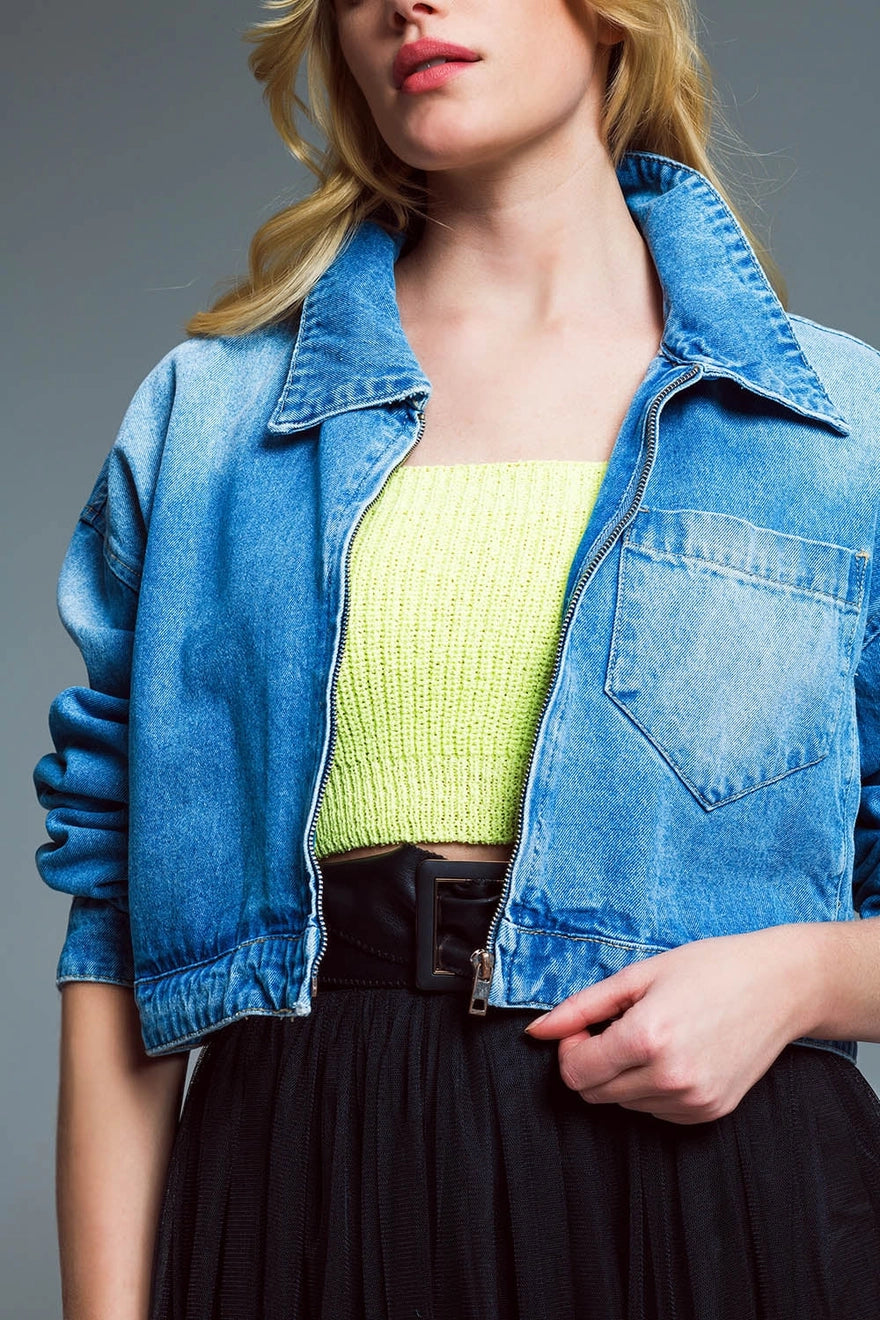 Oversized Cropped Denim Jacket with Zip Fastening and High Co