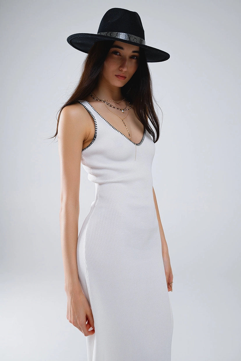 Body Hugging Knitted Dress in White with Black Trim