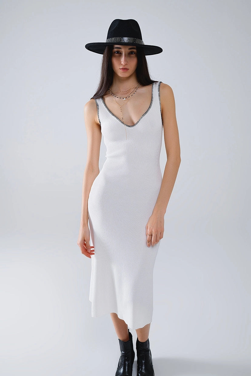 Body Hugging Knitted Dress in White with Black Trim