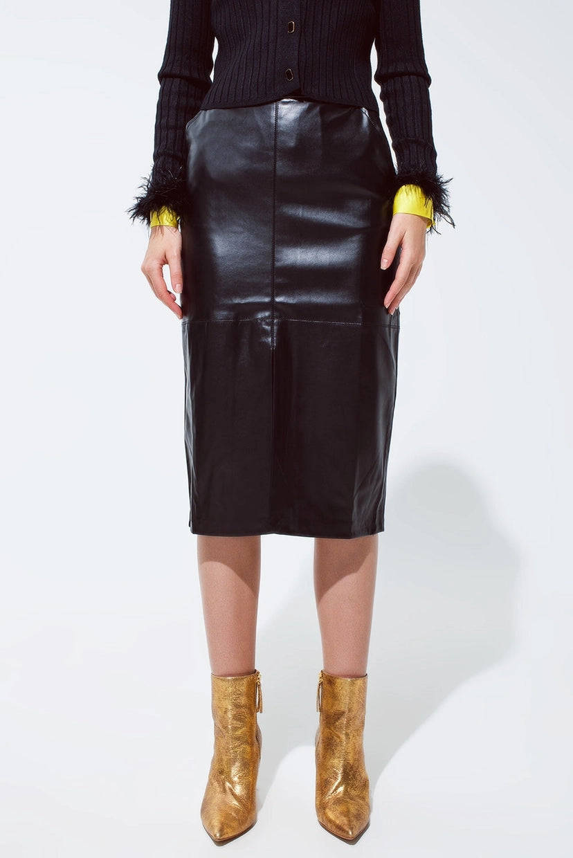 Black Leatherette Pencil Cut Skirt