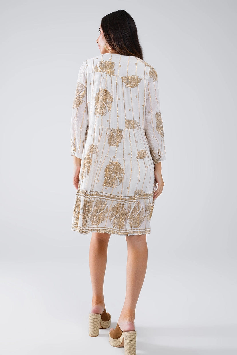 Leaf Print Long Sleeve Boho Dress