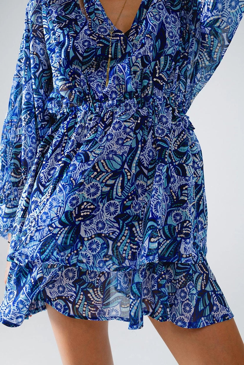 Blue Abstract Print Mini Dress with Adjustable Waist