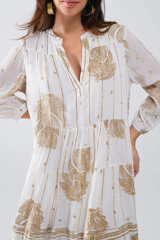 Leaf Print Long Sleeve Boho Dress