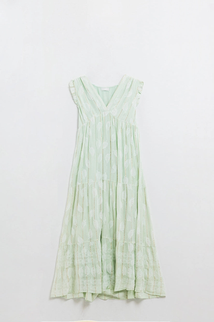 Babydoll Maxi Dress with Leaf Print and Lurex in Mint